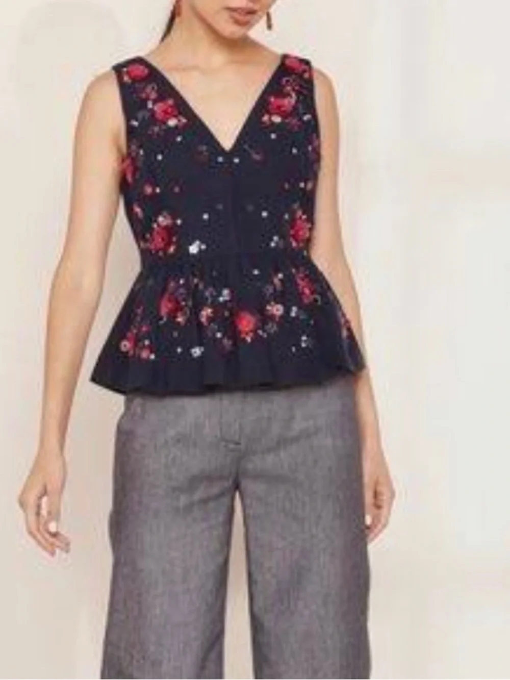 NWT J. crew navy blue embellished beaded floral peplum top zip close V-neck